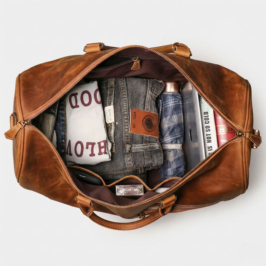 Vue de dessus du sac de voyage en cuir cognac format cabine ouvert, avec vêtements, parapluie et livres rangés Image