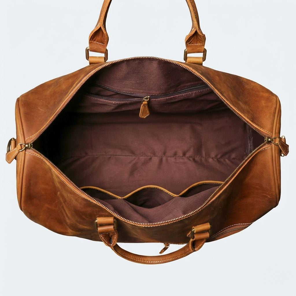 Compartiment principal ouvert du sac de voyage cuir cognac, doublure prune et poche zippée intérieure