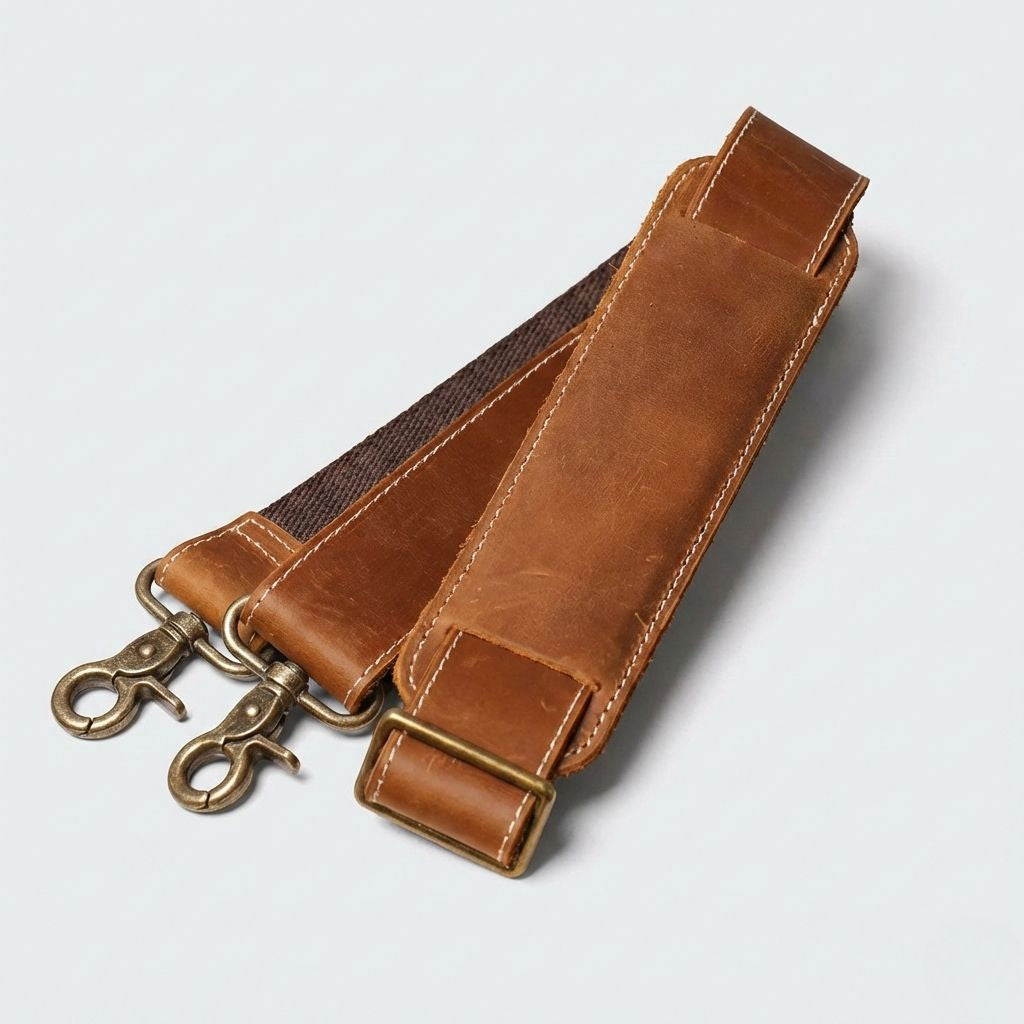 Bandoulière amovible en cuir cognac avec mousquetons en laiton vieilli, accessoire du sac de voyage format cabine Image