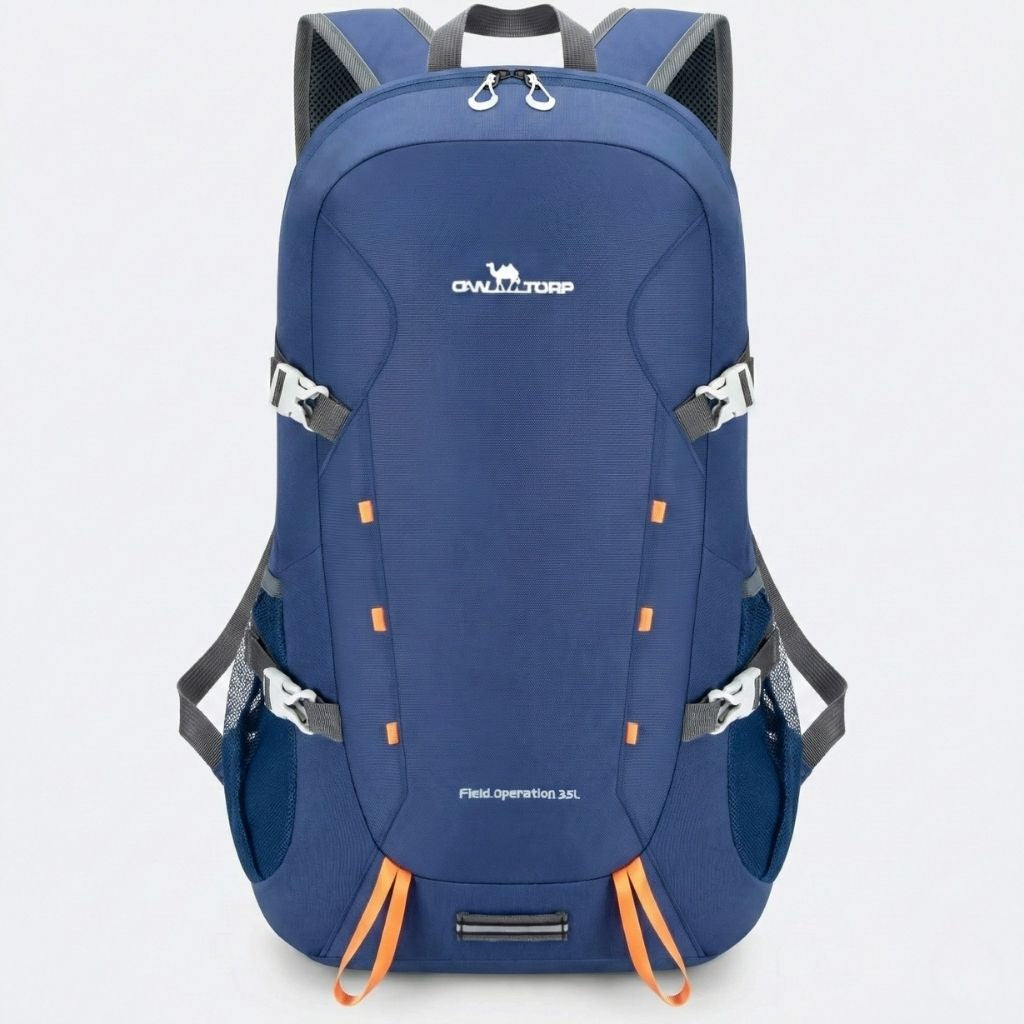 Sac à dos randonnée pliable 35L bleu marine avec accents orange, clips de compression et bretelles rembourrées.