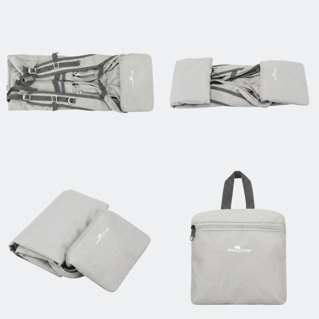 Sac à dos de randonnée pliable gris en quatre étapes de pliage avec sa pochette de rangement compacte Image