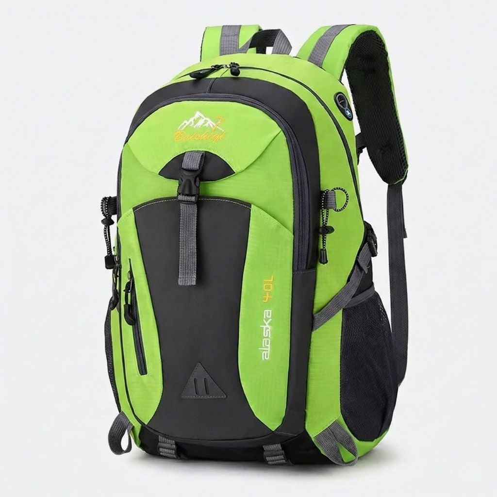 Sac à dos randonnée étanche 40L vert vif et noir, bretelles rembourrées et sangles de compression latérales.