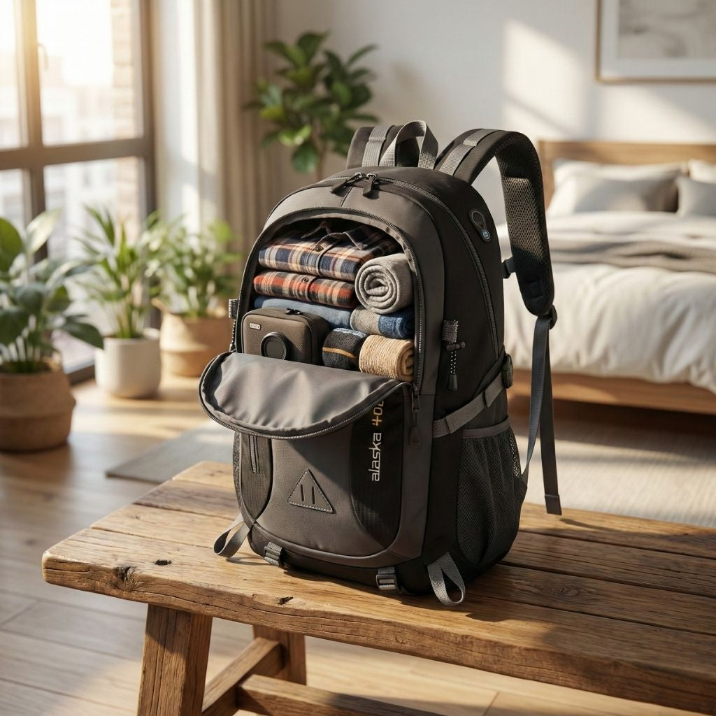 Sac à dos de randonnée noir 40L ouvert sur une table avec vêtements roulés, powerbank et couverture de voyage Image