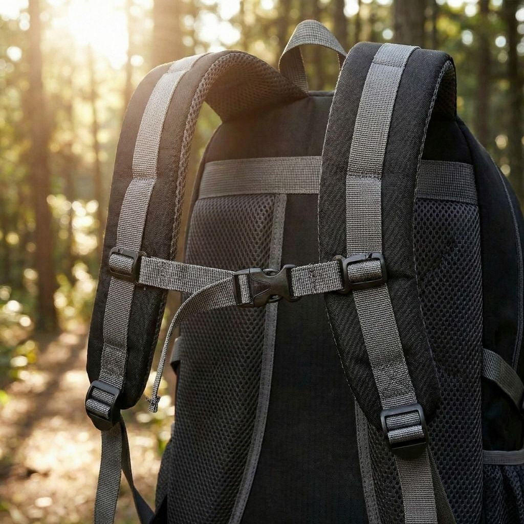 Gros plan sur le dosseret en mesh matelassé du sac à dos de randonnée noir avec bretelles et sangle pectorale Image