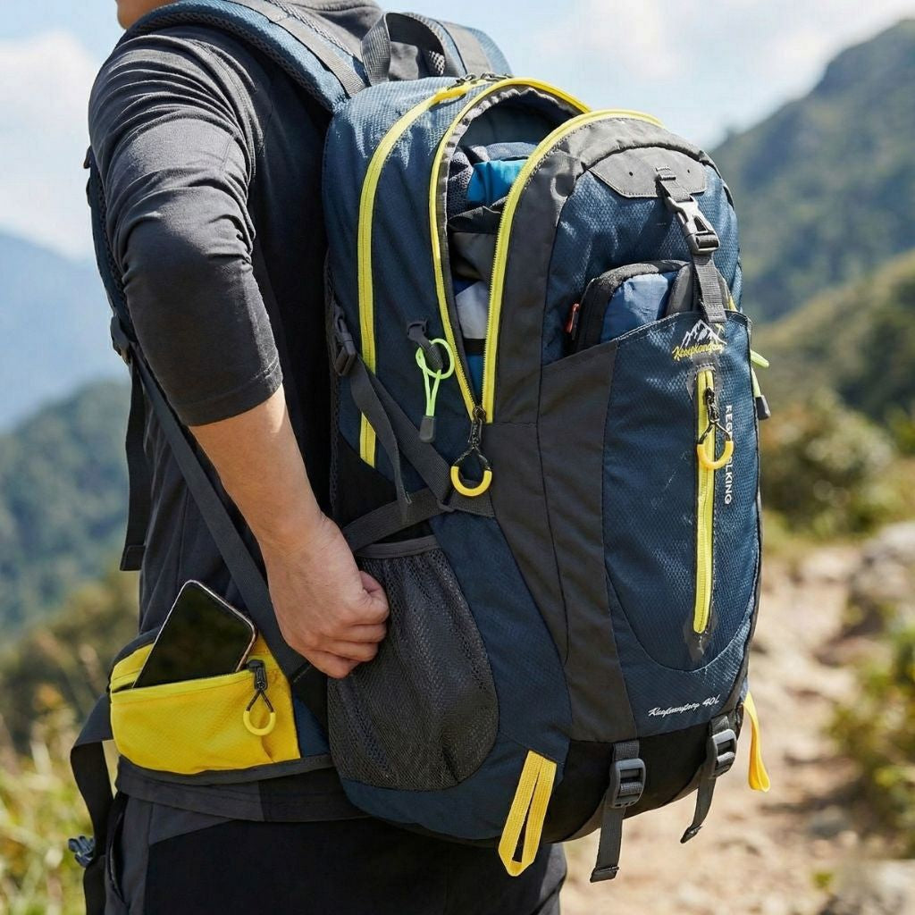 Randonneur portant un sac à dos de randonnée bleu marine avec sangles jaunes et poche filet latérale en montagne Image