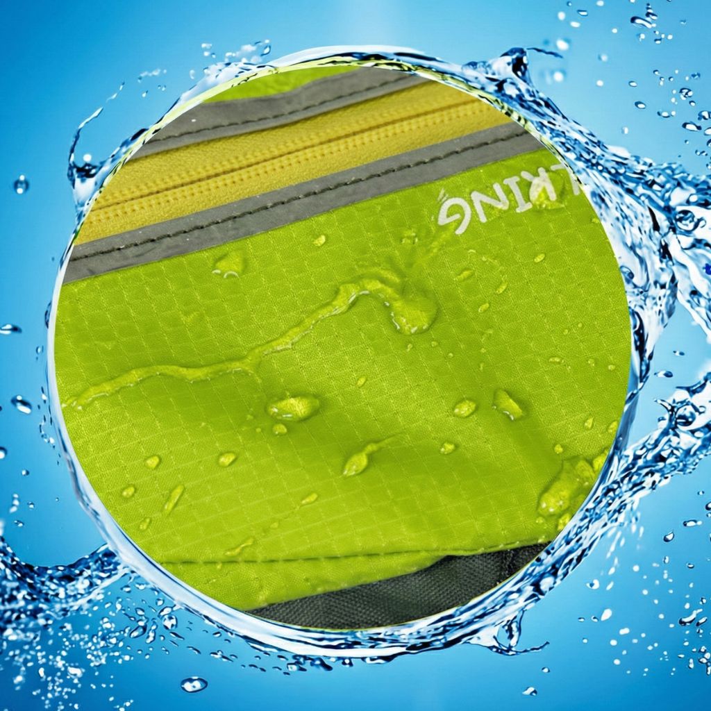 Tissu ripstop vert anis du sac à dos de randonnée avec gouttes d'eau illustrant son traitement hydrofuge Image
