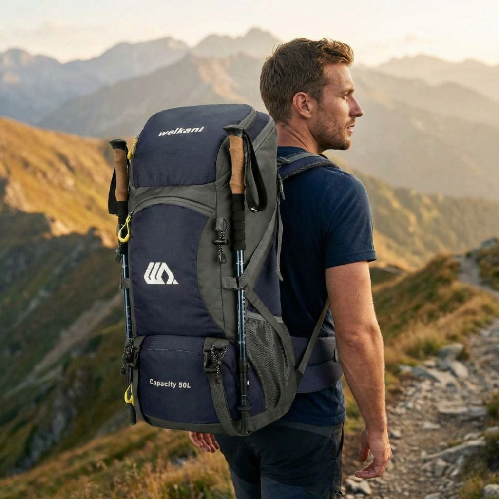 Randonneur de profil regardant la montagne portant le grand sac à dos de randonnée bleu marine 50L Image