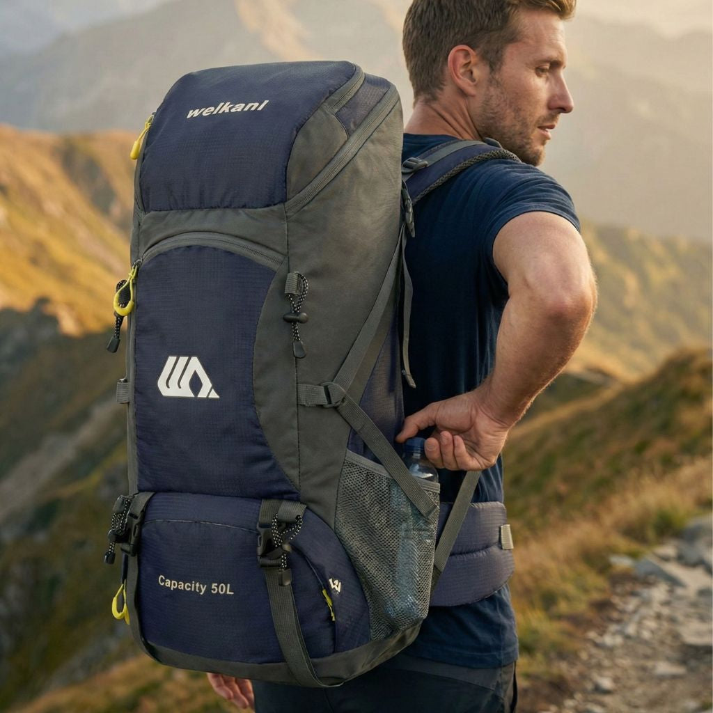 Randonneur de profil en montagne portant le sac à dos de randonnée bleu marine 50L avec bouteille latérale Image