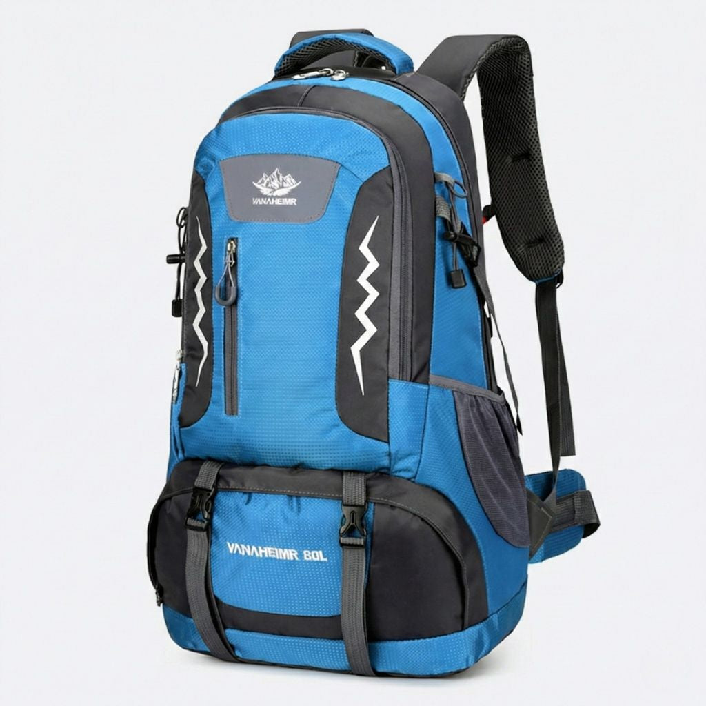 Sac à dos randonnée 60L bleu ciel et gris, bandes réfléchissantes zigzag, bretelles rembourrées et sangle poitrine.