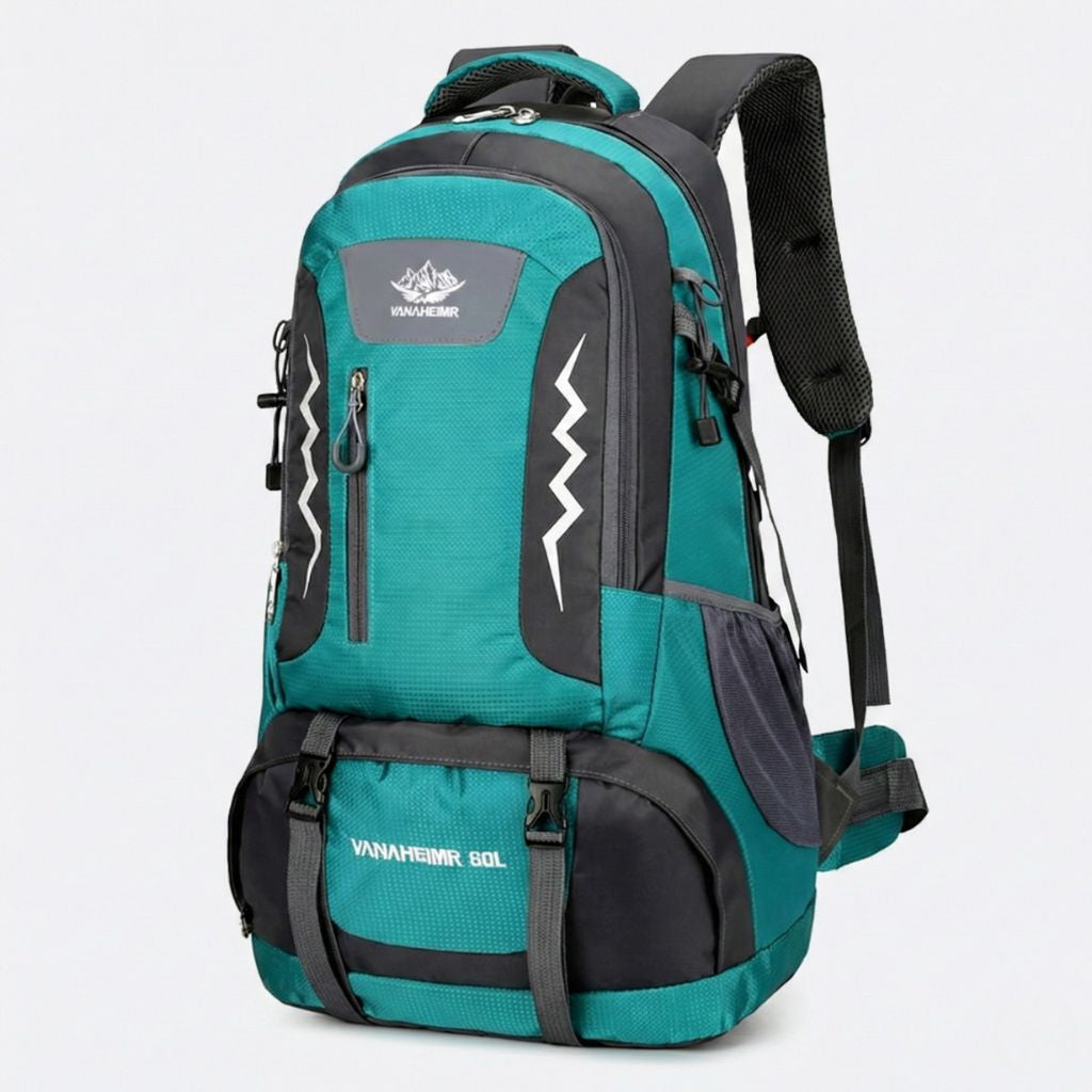 Sac à dos randonnée 60L turquoise et gris, bandes réfléchissantes zigzag, bretelles rembourrées et sangle poitrine.