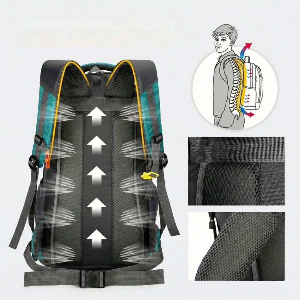Dos du sac à dos de randonnée turquoise avec schéma de ventilation et zoom sur le dosseret en maille aérée Image