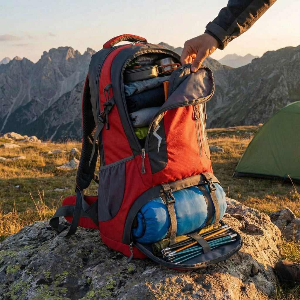 Grand sac à dos de randonnée rouge 60L ouvert en montagne près d'une tente verte avec sac de couchage Image