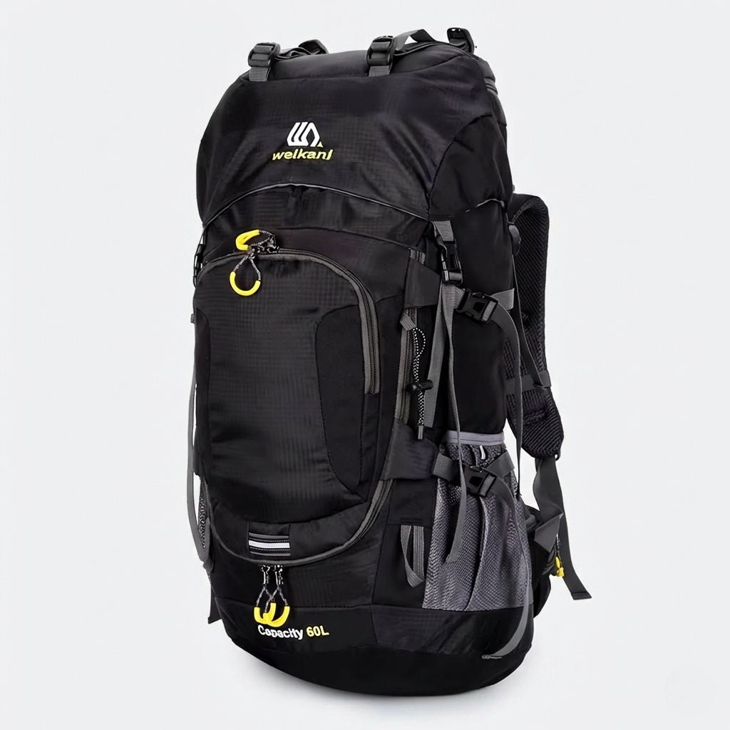 Sac à dos randonnée 60L noir, sangles de compression latérales, poches zippées et détails jaune fluo.