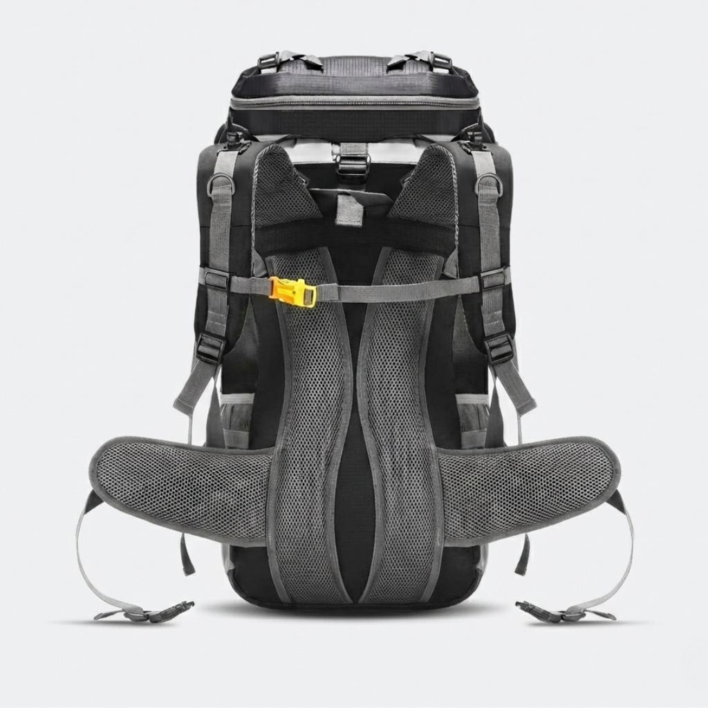 Dos du grand sac à dos de randonnée noir 60L avec dosseret en mesh gris, bretelles et sifflet de sécurité jaune Image