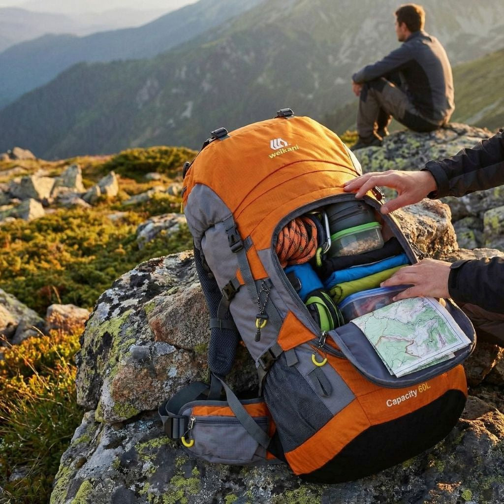 Randonneur en montagne accédant au sac à dos de randonnée orange 60L ouvert avec carte, cordes et matériel Image