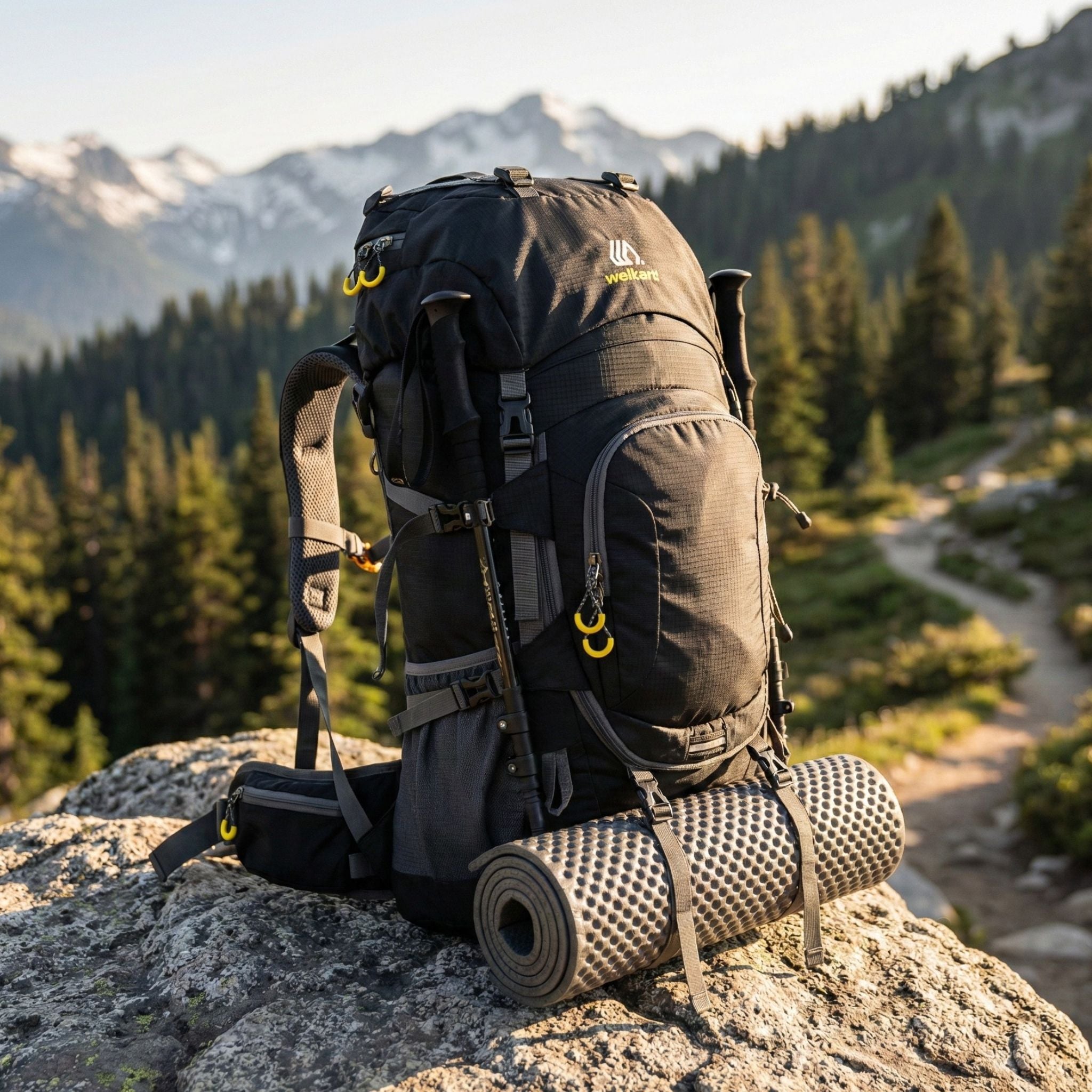 Grand sac à dos de randonnée noir 60L posé sur un rocher en montagne avec tapis de sol beige attaché Image