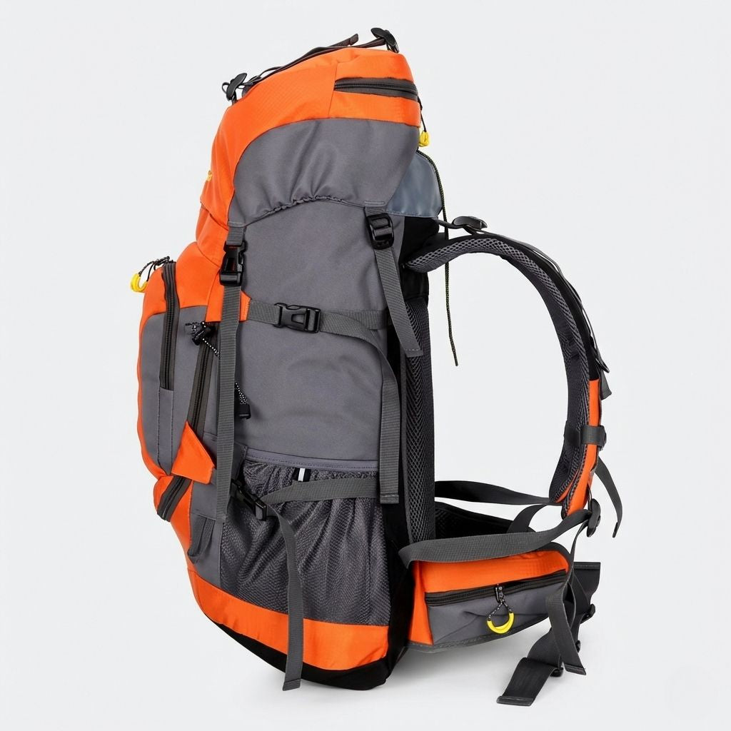 Vue de côté d'un sac à dos randonnée 60L orange et gris, bretelles latérales, poche filet et sangle inférieure.