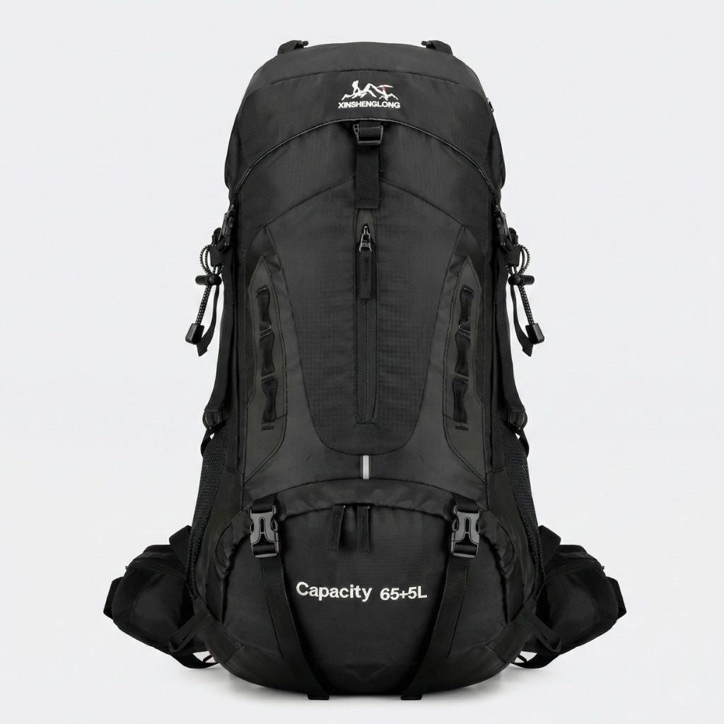 Sac à dos randonnée 70L noir, structure haute tout terrain, poches multiples et cordons de compression latéraux.