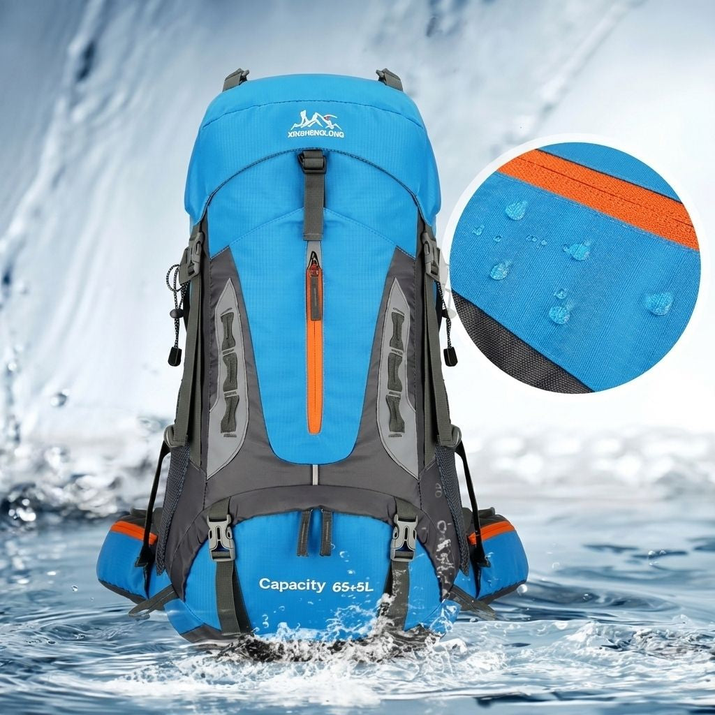 Sac à dos randonnée 70L bleu ciel sous la pluie avec zoom sur le tissu imperméable et les gouttes d'eau perlées.