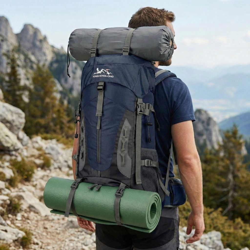 Randonneur de dos en montagne portant le grand sac à dos de randonnée bleu marine 70L avec tapis de sol vert Image