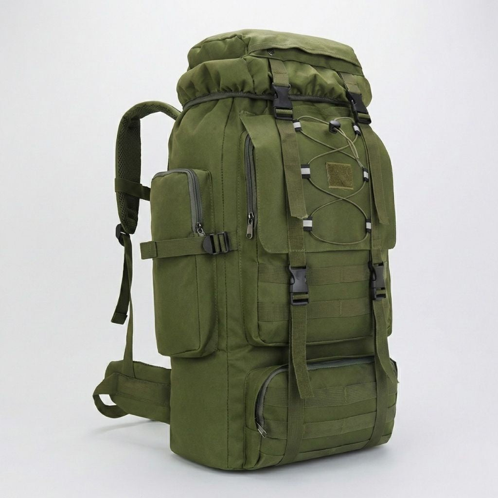 Sac à dos tactique de voyage 80L vert militaire, structure haute XXL avec rails MOLLE et poches de compression.