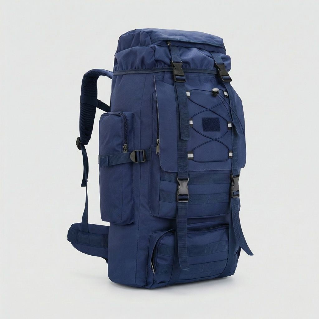 Sac à dos tactique de voyage 80L bleu marine, structure haute XXL avec rails MOLLE et sangles de compression.