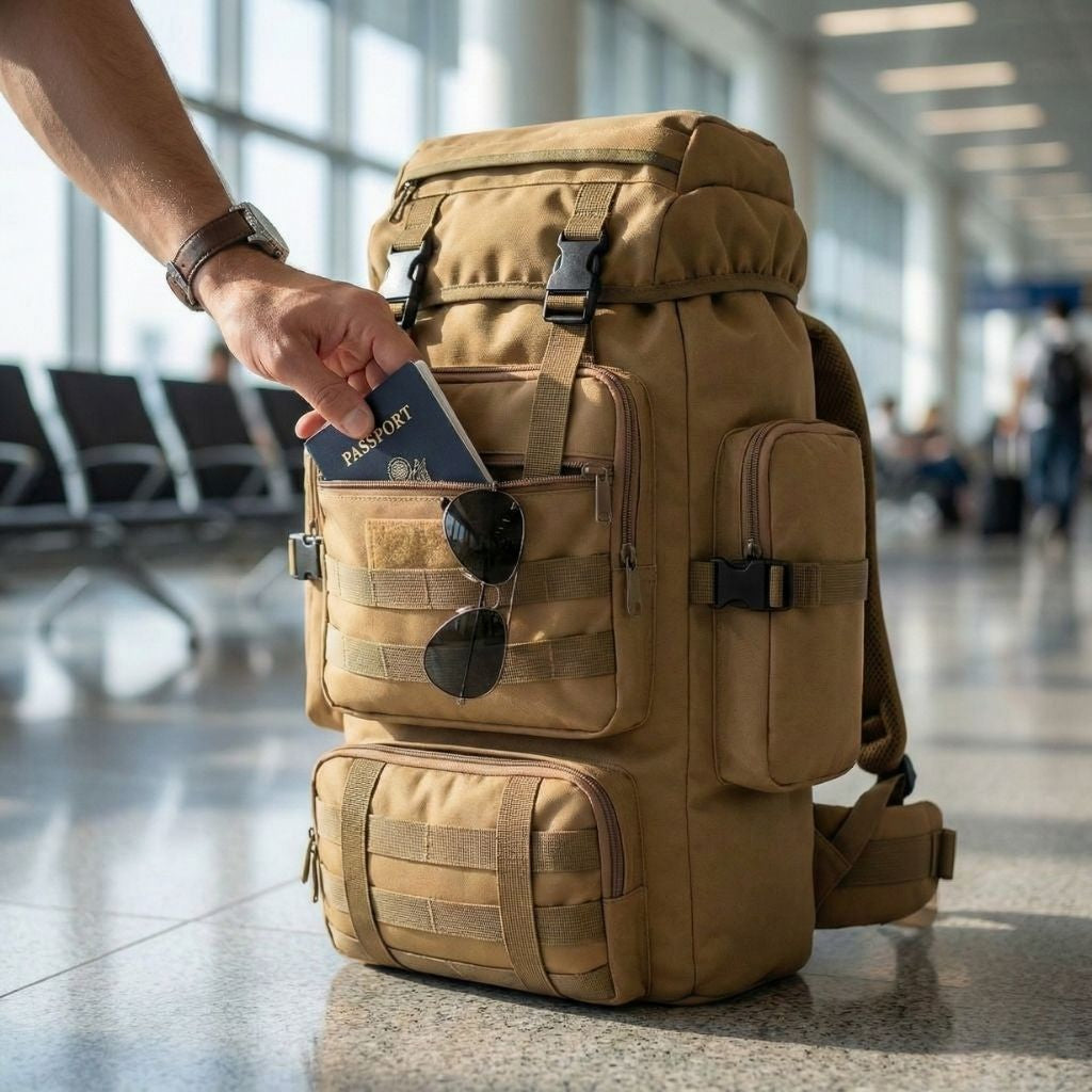 Main glissant un passeport dans la poche d'un grand sac à dos tactique beige kaki dans un aéroport Image