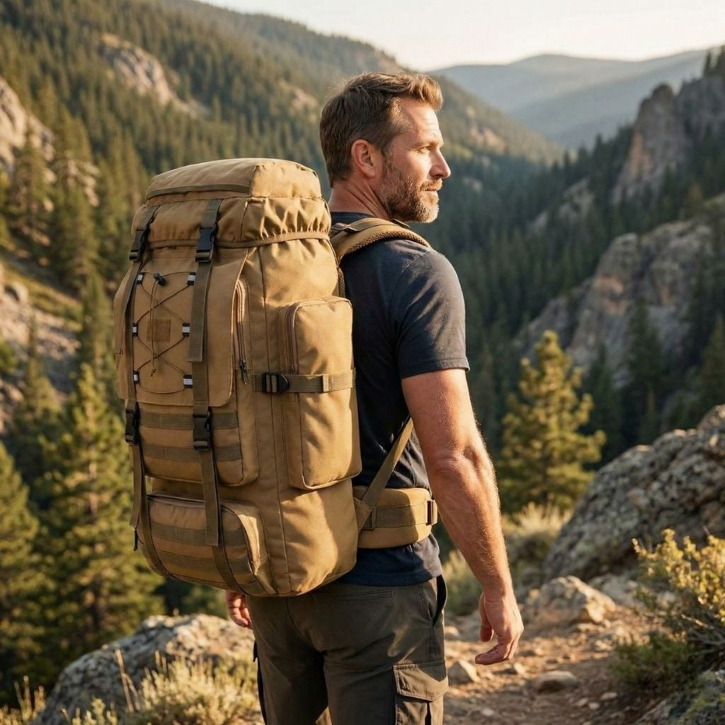 Homme debout sur un sentier de montagne portant un grand sac à dos tactique beige kaki bien chargé Image