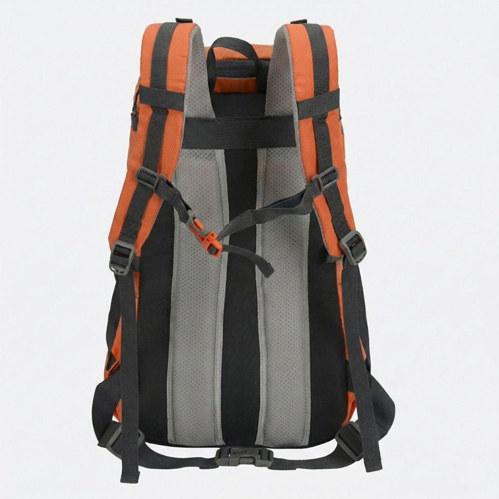 Dos d'un sac à dos randonnée orange, bretelles matelassées grises, sangle poitrine et passage pour poche à eau.