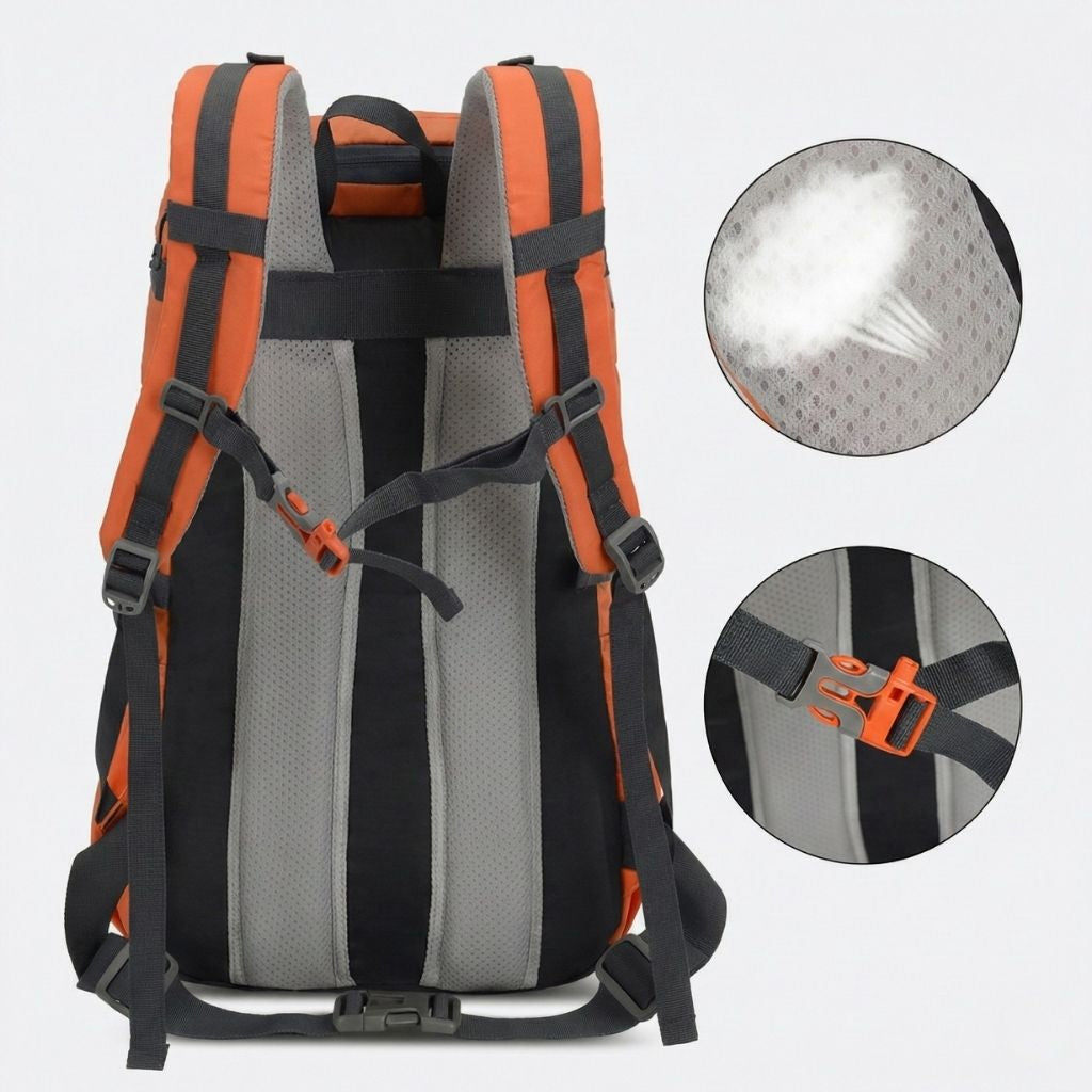 Dos du sac à dos de randonnée orange avec dosseret aéré et zoom sur la mousse respirante et les boucles orange