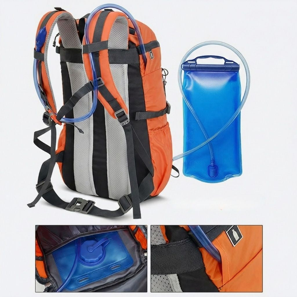 Sac à dos de randonnée orange avec poche d'hydratation bleue 2L, tuyau et zooms sur les points de fixation Image