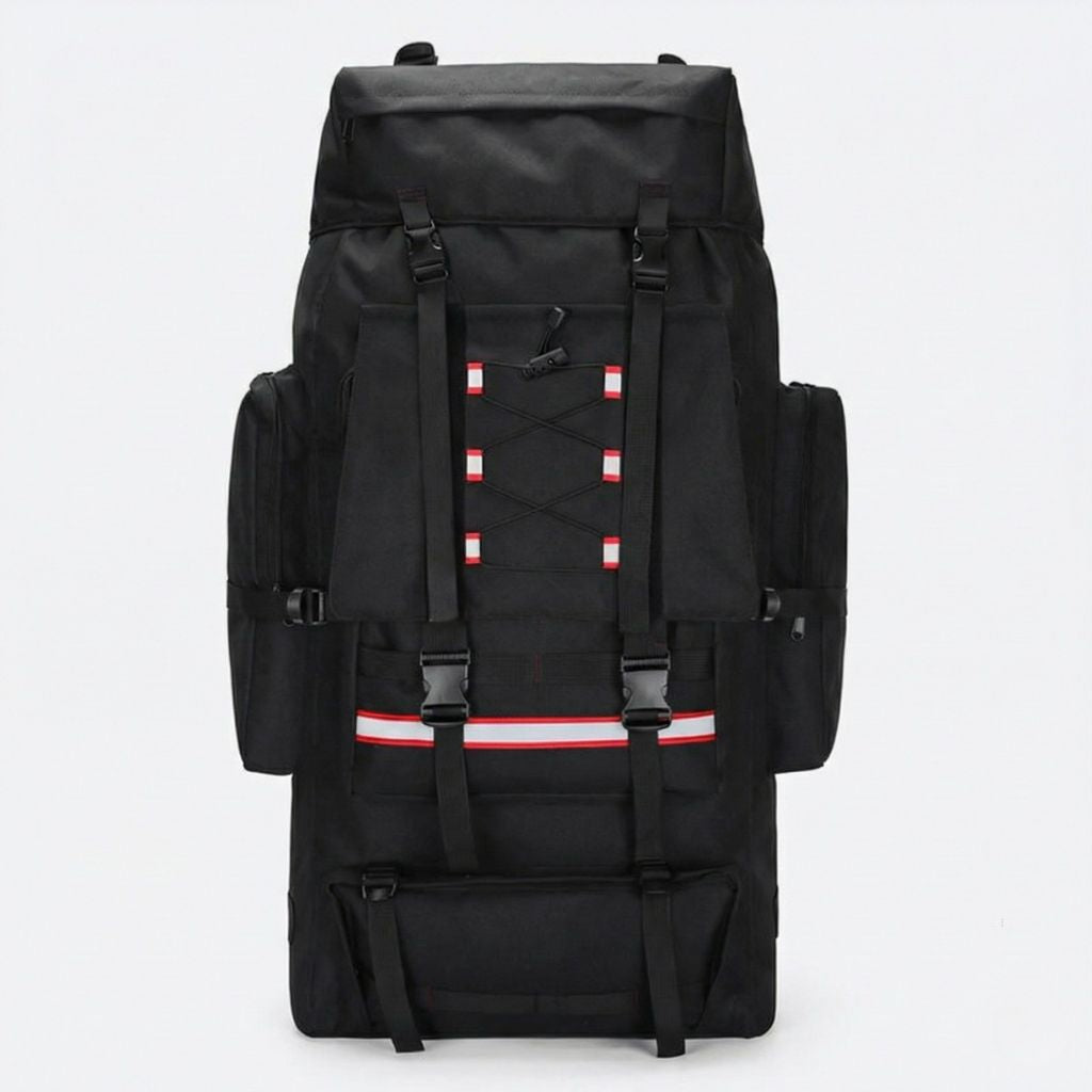 Sac à dos tactique noir grande capacité 130L, vue de face, sangles croisées et bandes réfléchissantes rouges