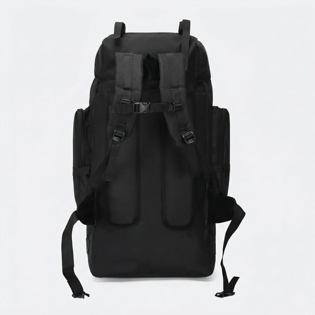 Dos ergonomique du sac à dos tactique noir 130L avec bretelles en maille respirante et sangles de stabilisation