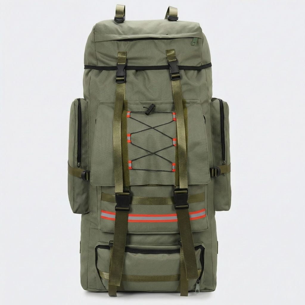 Sac à dos tactique vert militaire 130L vu de face, sangles croisées orange et bandes réfléchissantes pour trekking