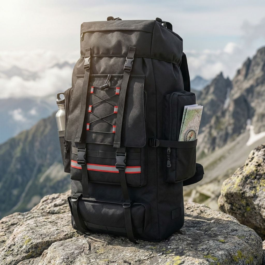 Grand sac à dos de randonnée XXL noir posé en montagne avec boussole, carte topographique et gourde Image
