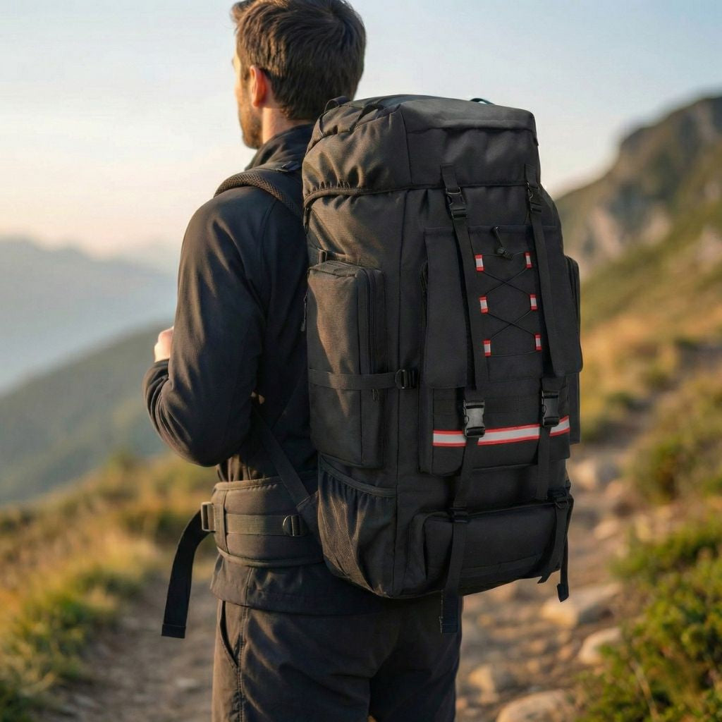 Homme de dos sur un sentier de montagne portant un immense sac à dos de randonnée noir à bandes rouges Image