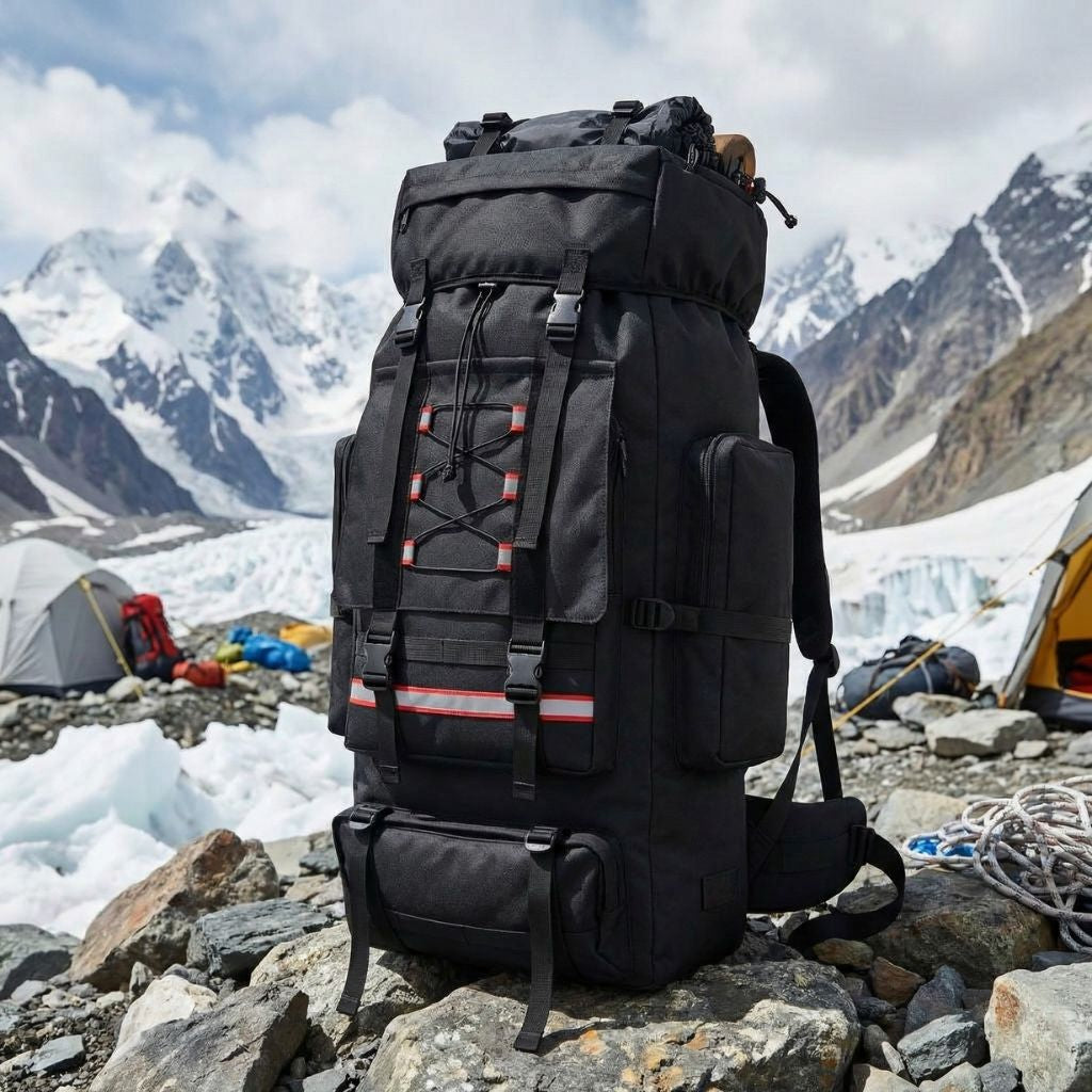 Grand sac à dos de randonnée XXL noir posé sur des rochers en haute montagne enneigée, vue camp de base Image