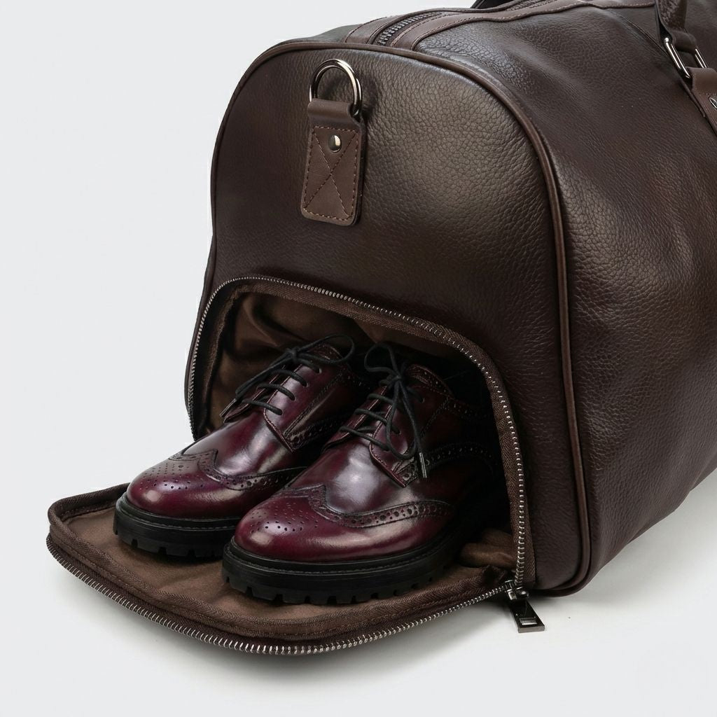 Poche à chaussures zippée du sac cabine marron ouverte, révélant richelieus bordeaux perforés