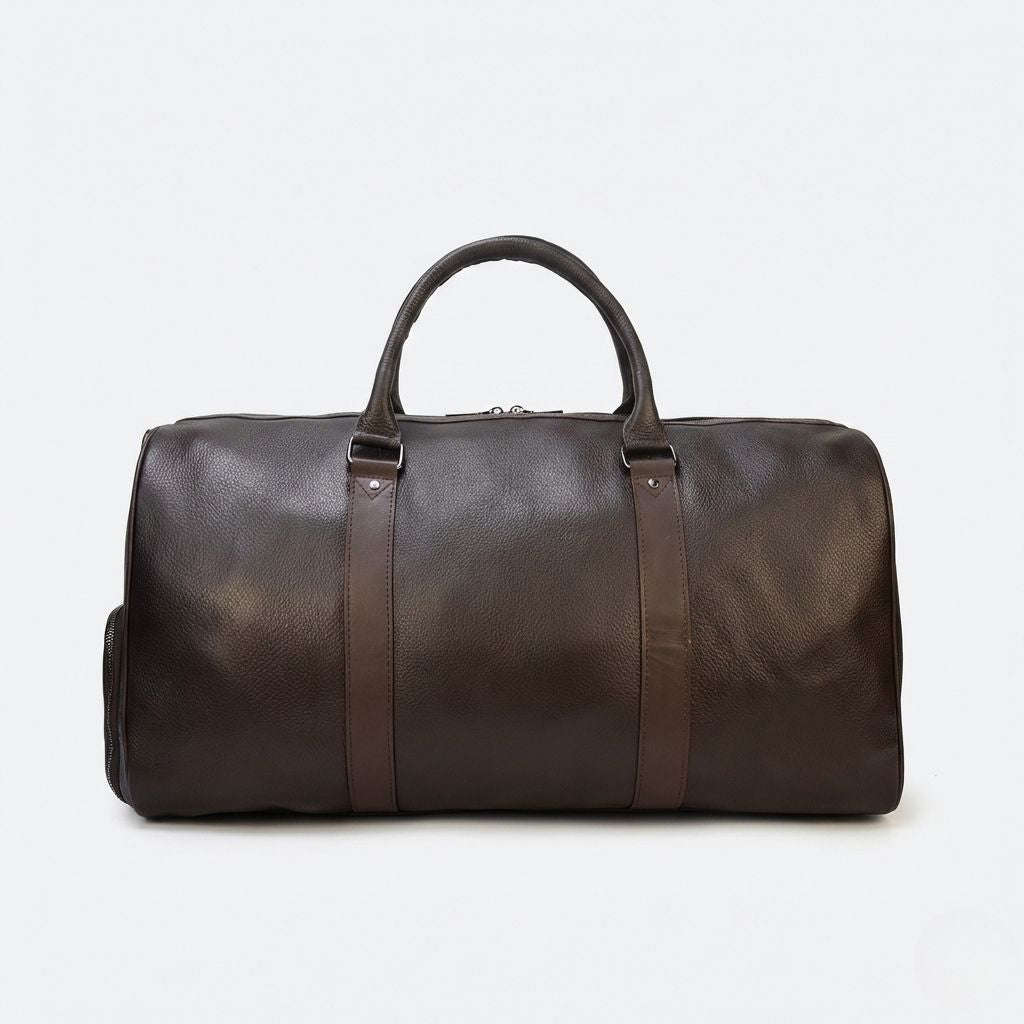 Face du sac cabine cuir grainé marron foncé sans bandoulière, bandes structurantes verticales