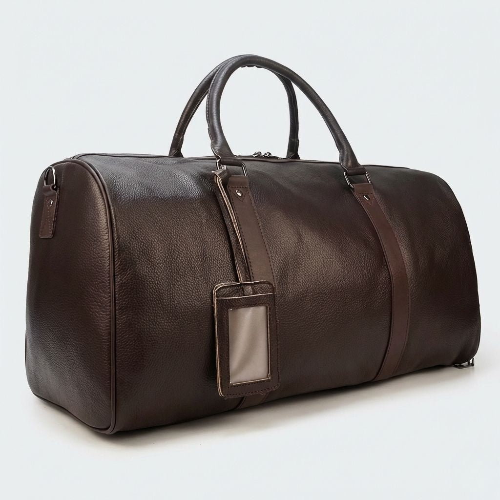 Sac de voyage marron foncé en cuir grainé vu de trois quarts, étiquette porte-adresse visible
