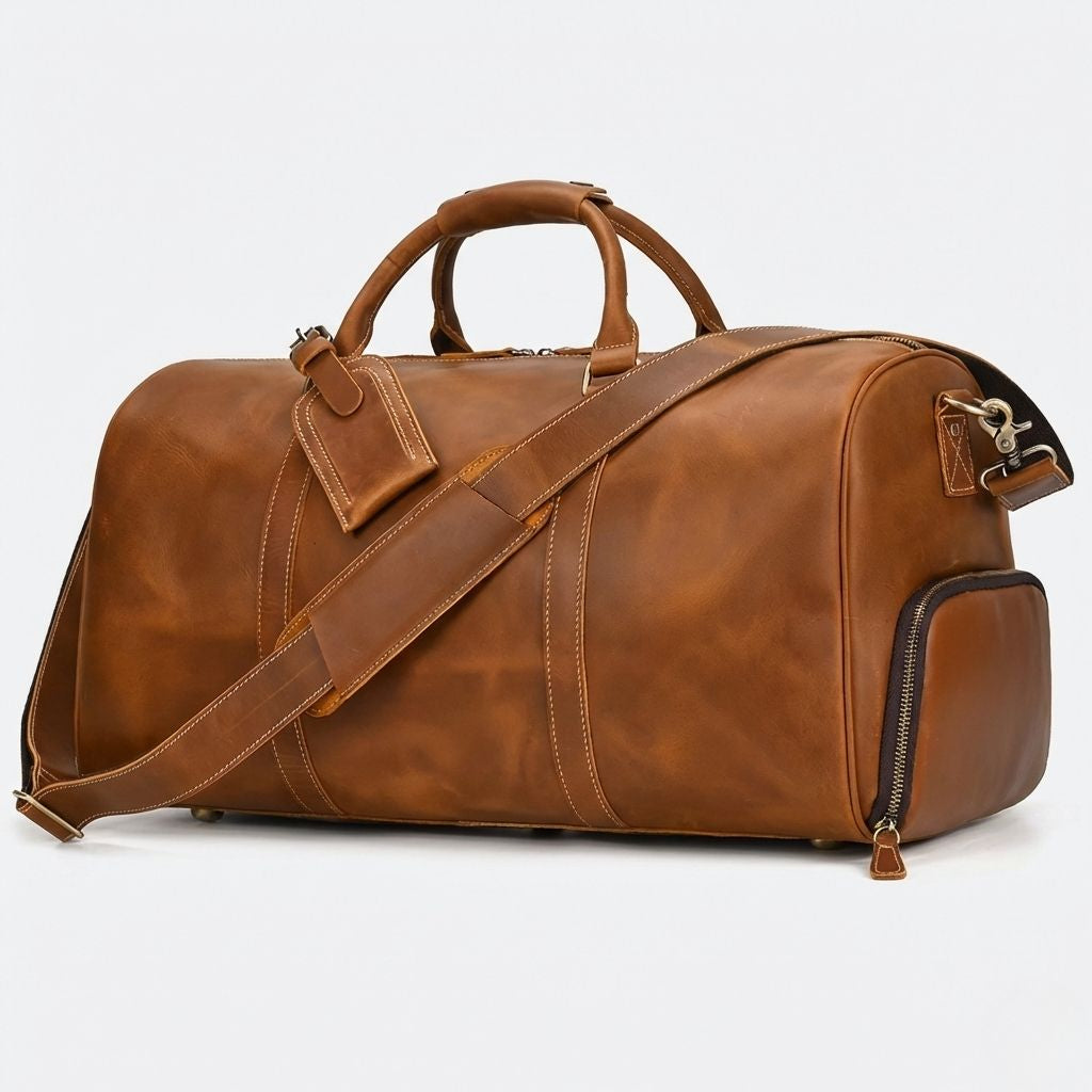 Sac de voyage cabine en cuir crazy horse cognac avec poche à chaussures et bandoulière réglable