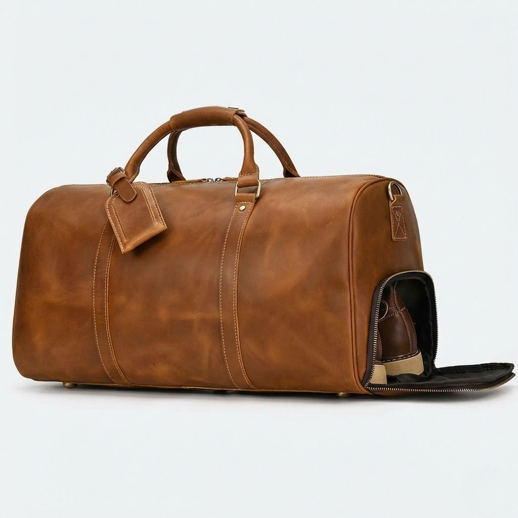 Poche à chaussures latérale du sac de voyage cuir crazy horse cognac, ouverte avec une paire de chaussures
