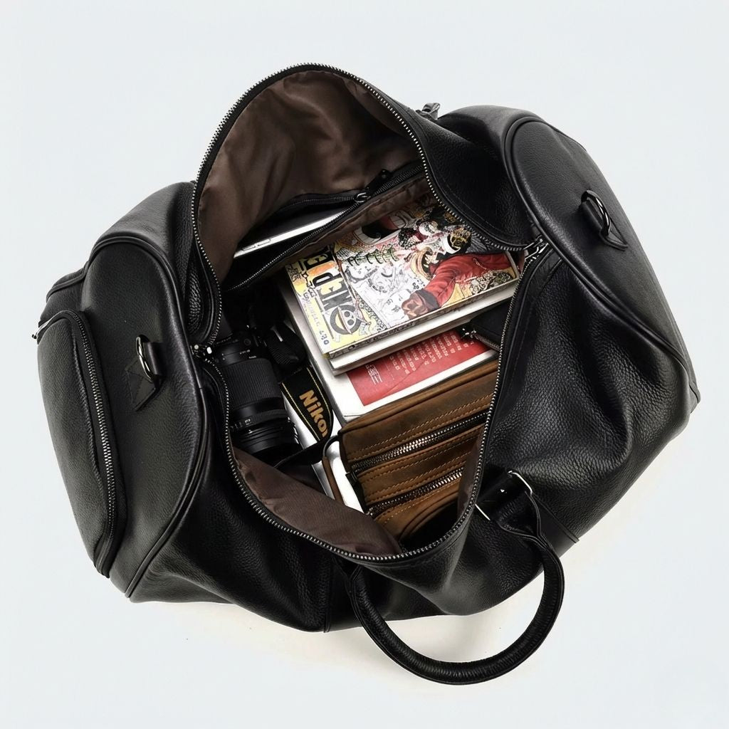 Vue de dessus du sac de voyage en cuir grainé noir ouvert, contenant appareil photo, livres et portefeuille Image