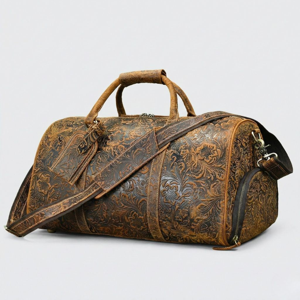 Sac de voyage en cuir véritable embossé motifs floraux cognac, compartiment chaussures, format cabine avion