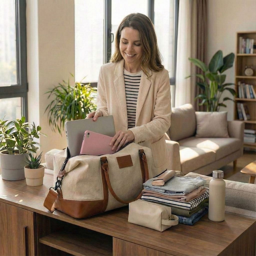 Sac de voyage en toile beige avec poignées en cuir marron et grand compartiment zippé, posé sur une table Image