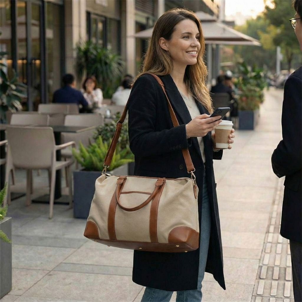 Sac de voyage en toile beige avec bandoulière réglable et renforts en cuir marron, porté en extérieur Image