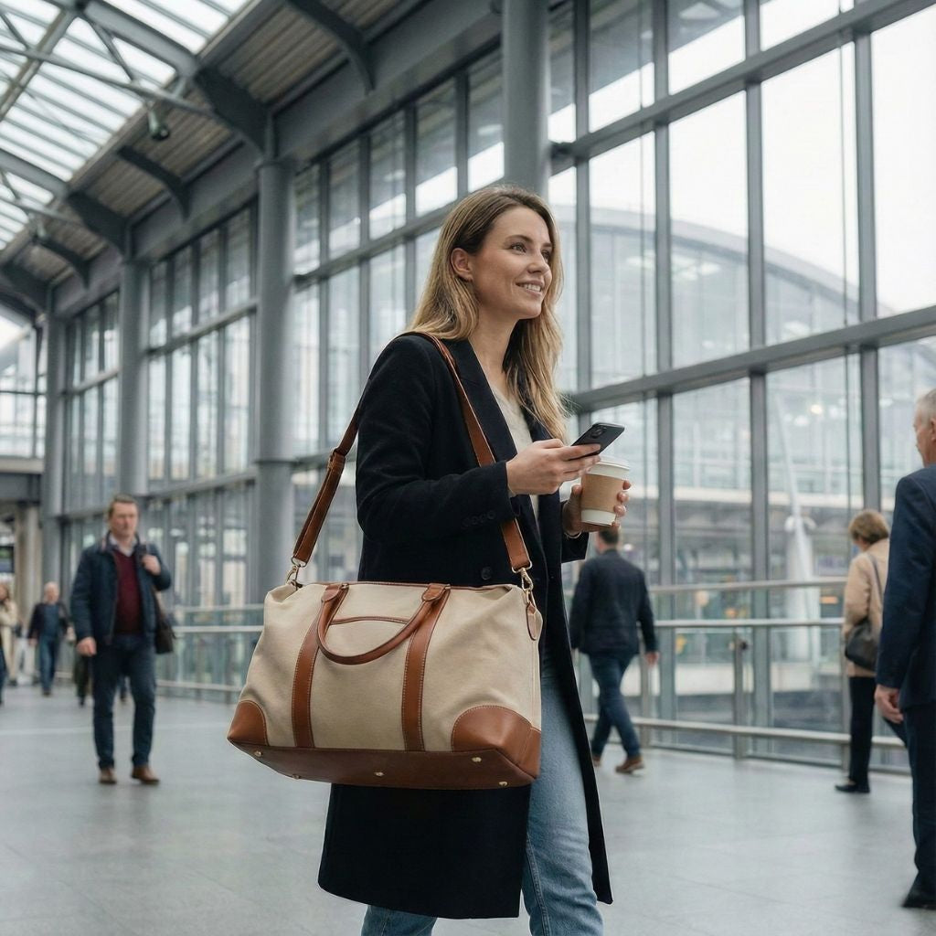 Sac de voyage en toile beige avec bandoulière réglable et renforts en cuir marron, porté à l'épaule dans une gare Image