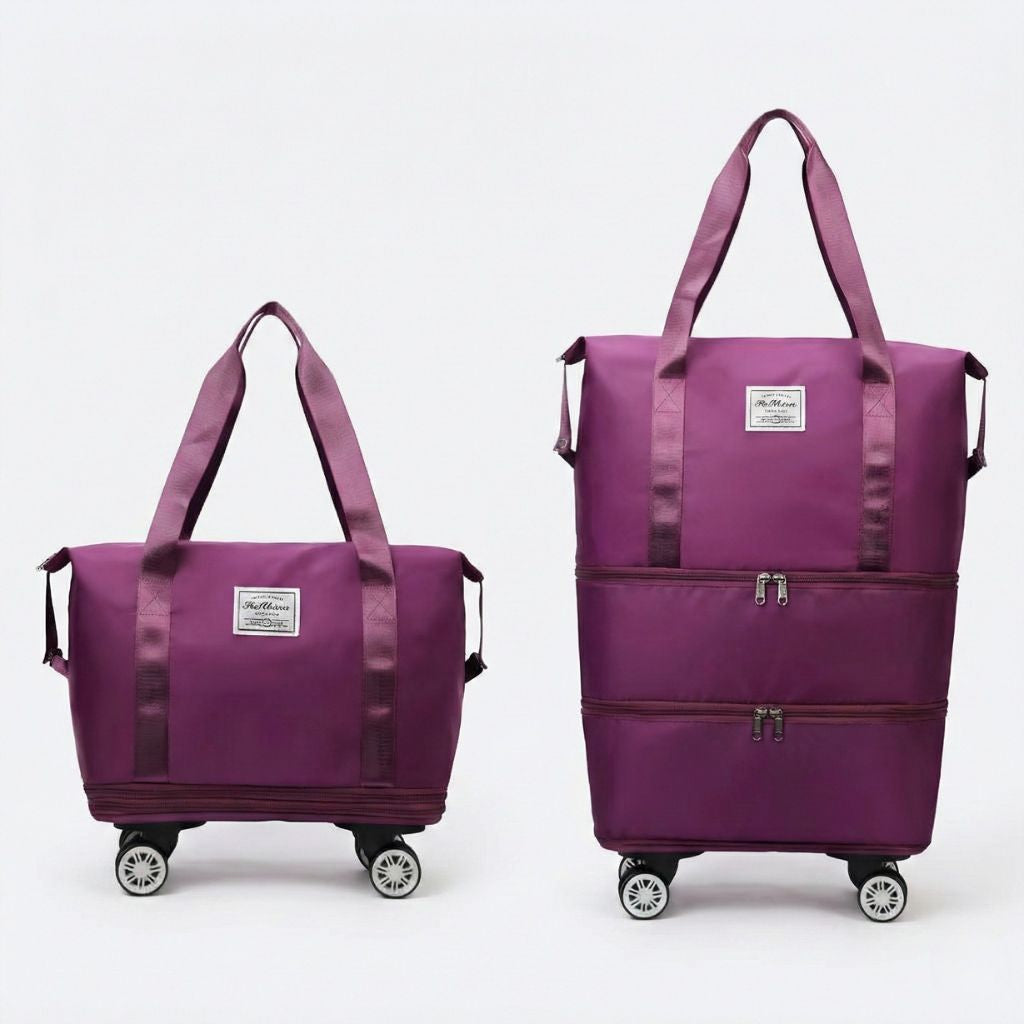 Sac de voyage femme violet bordeaux en version compacte et étendue côte à côte sur quatre roulettes amovibles