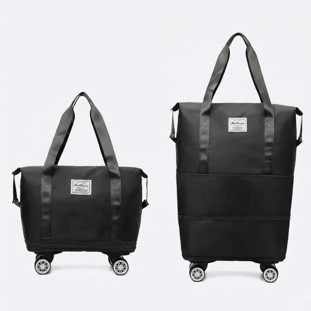 Sac de voyage femme noir extensible en deux formats côte à côte, version compacte et déplié sur roulettes