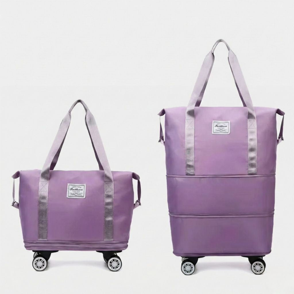 Sac de voyage femme violet lilas en deux tailles côte à côte, format compact et format étendu sur roulettes